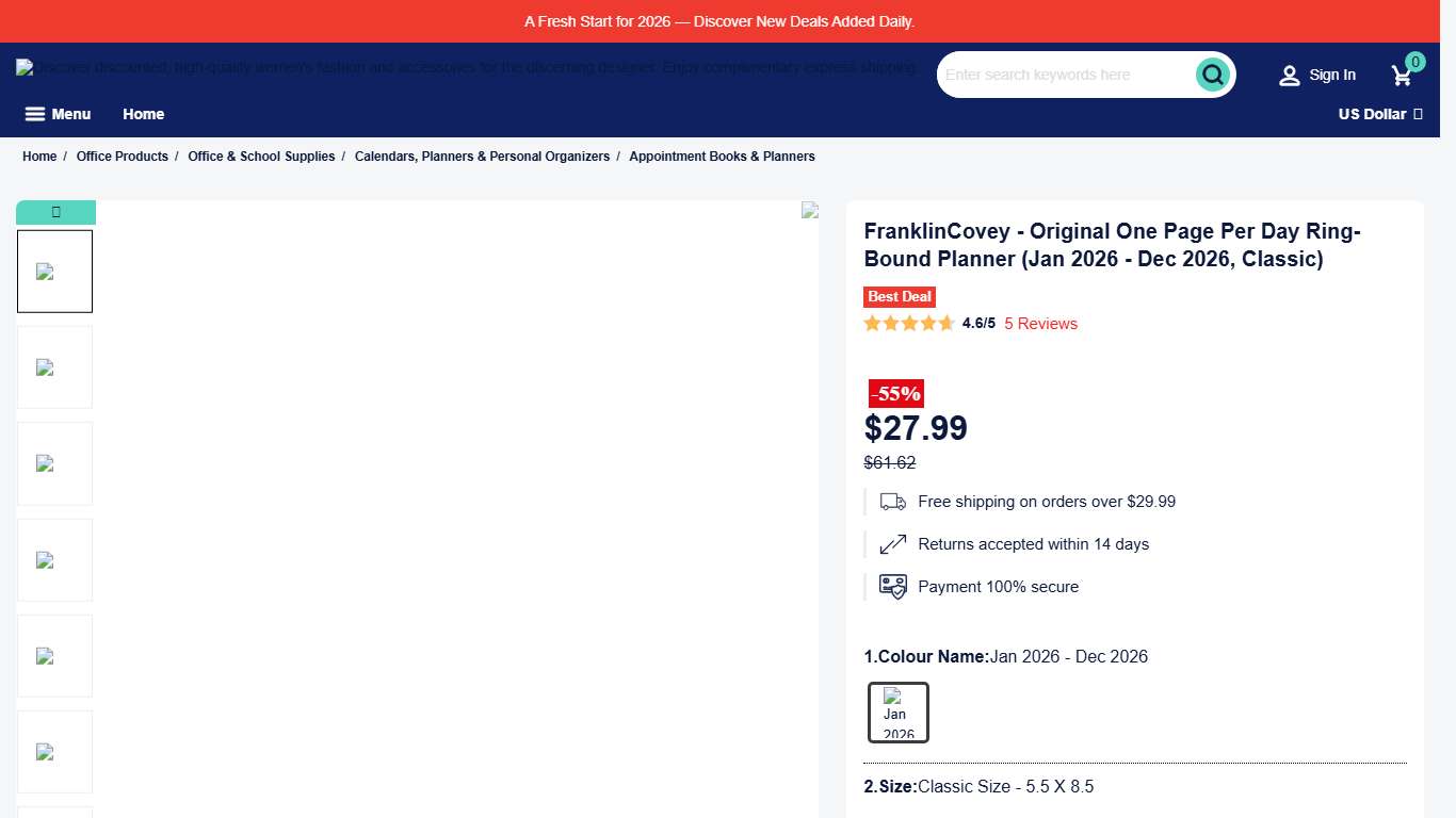 FranklinCovey - Original One Page Per Day Ring-Bound Planner (Jan 2026 - Dec 2026, Classic)