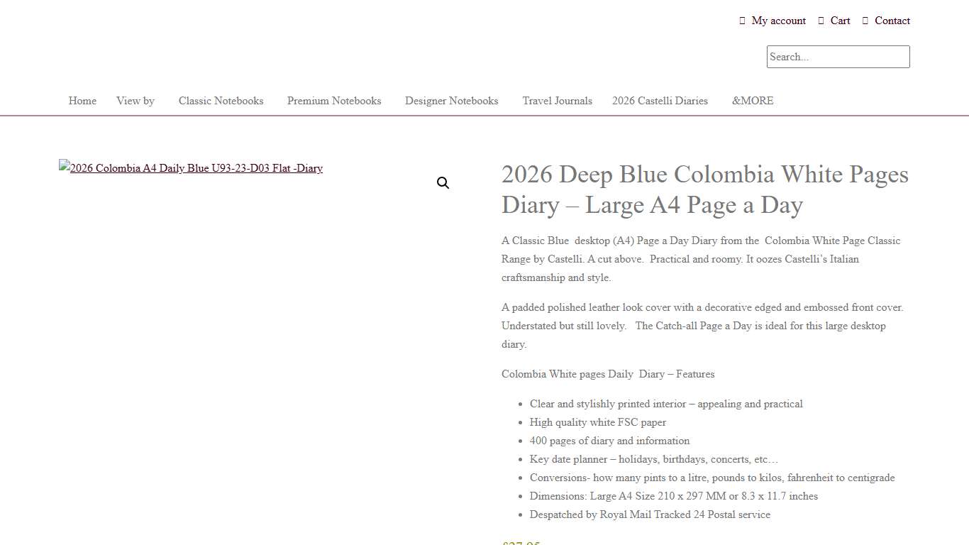 2026 Deep Blue Colombia White Pages Diary - Large A4 Page a Day - Diaries and More